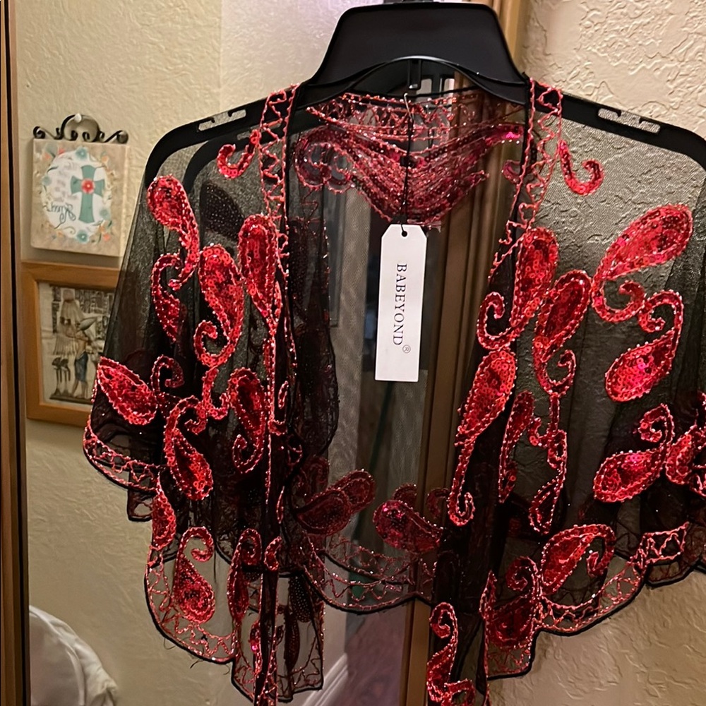 Bebe Black and Red Sequin Shawl